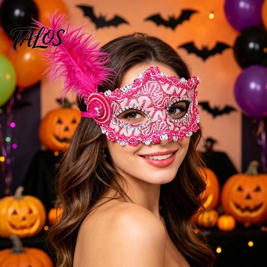 Photogenic Masquerade Mask Halloween Princess Half Face Mask, Venetian Party Elegant with Lace Feather Rhinestones, Adjustable Ribbon Women Accessory