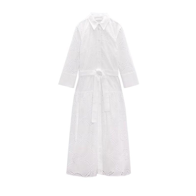 

Za Spring/Summer New Arrival White Shirt Skirt Long French Style with Belt Embroider Midi Skirt Dress 2895994 Ground White L