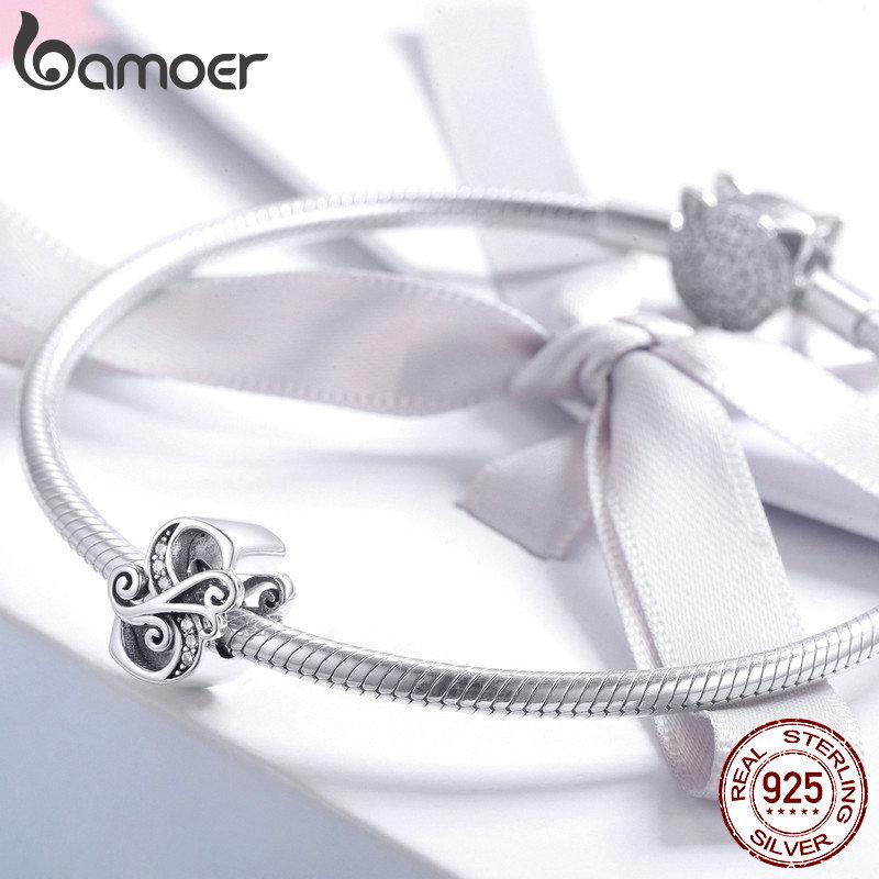 BAMOER Genuine 925 Sterling Silver Letter S Alphabet Beads Fit Charm Bracelets & Bangles DIY
