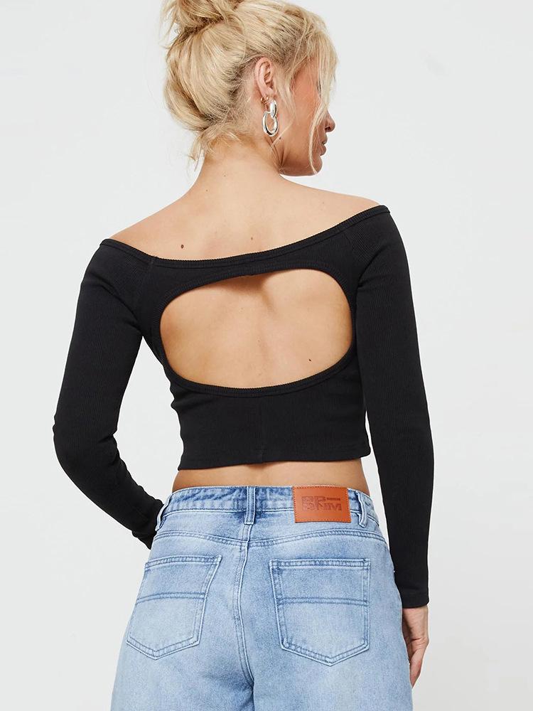 European & American Style Autumn/Winter Sexy One-Shoulder Backless Slim-Fit Long-Sleeve Crop Top for Women