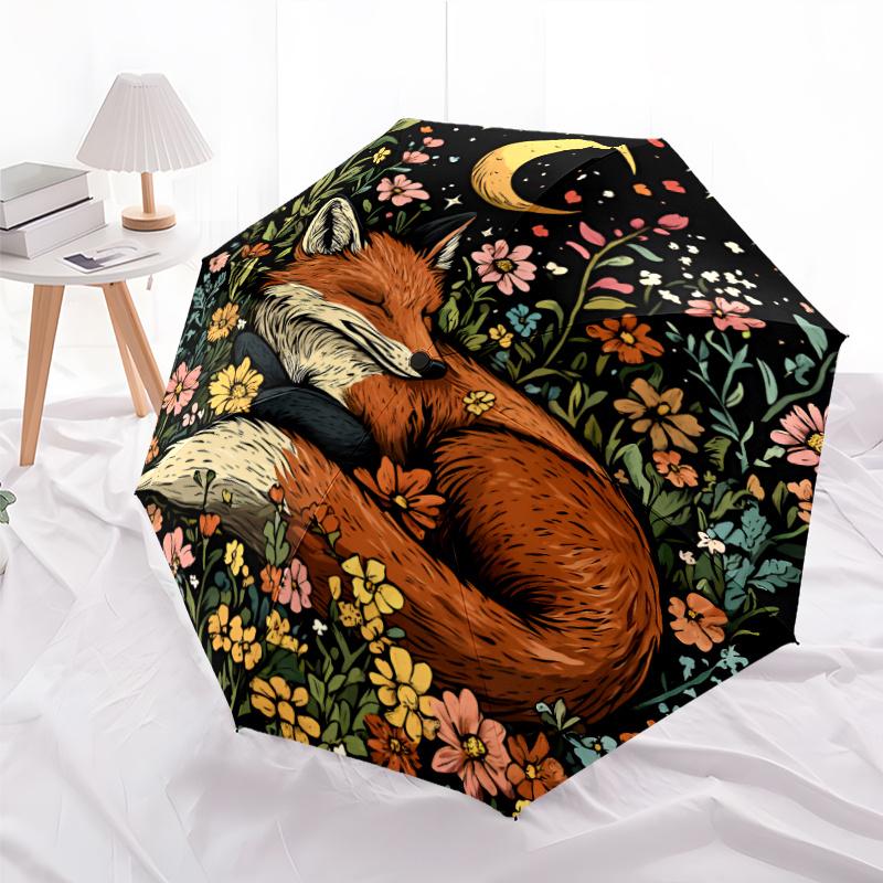 1pc Automatic Open/Close Umbrella with Fox In Flowers Moon Night Design - Auto Umbrella with 8-Rib Sturdy Frame, Compact Trave