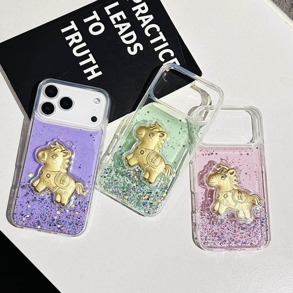 For iPhone 17 Pro Case Sparkling Glitter PC Phone Cover with Golden Horse Ornament