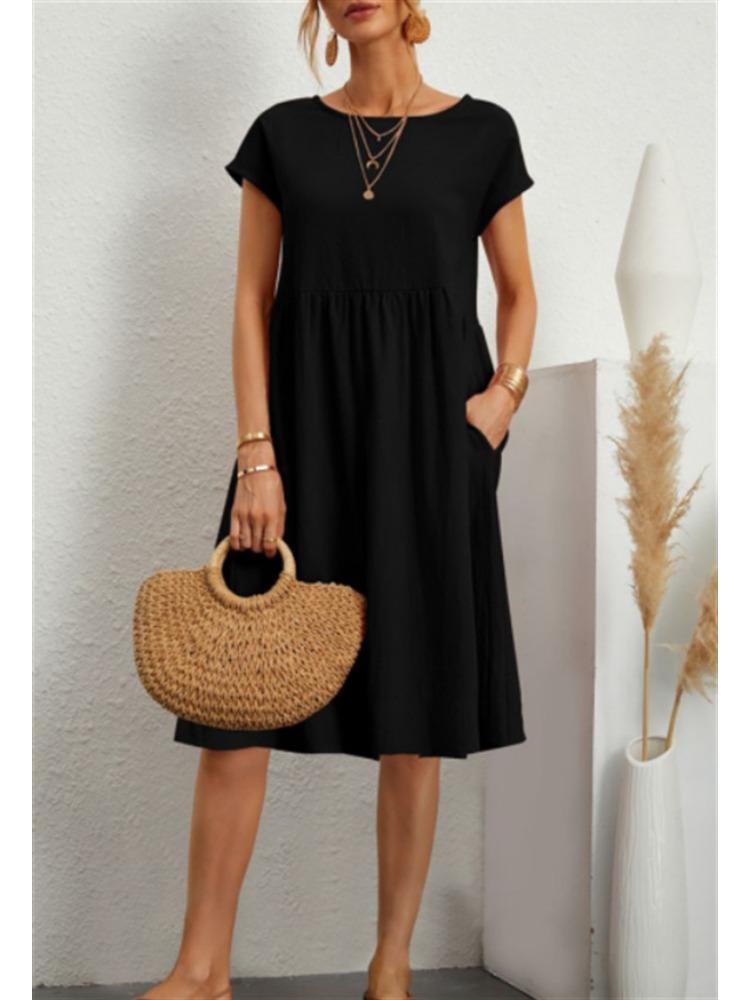 Fashionable Summer Temperament Women's Cotton and Linen Round Neck A-line Skirt, Plus Size Loose Dress