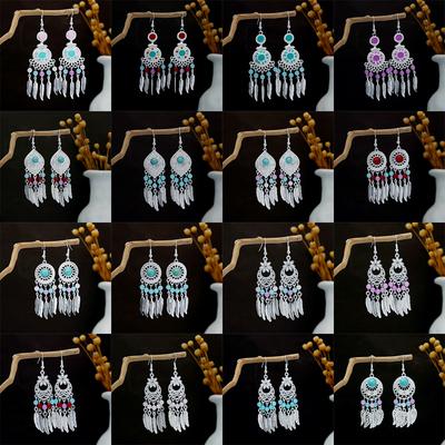 Ethnic Style Retro Turquoise Feather Fringed Earrings Bohemian Long Face Thin Earrings Earrings