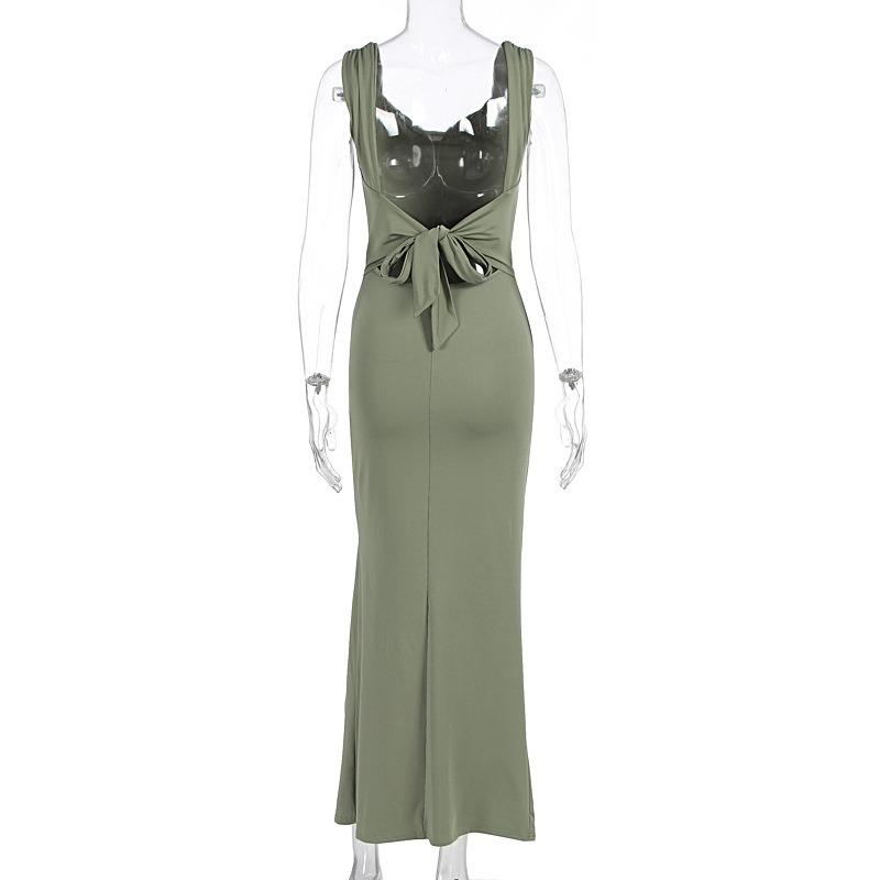 Women European Style Backless Sleeveless Lace Up Slit Slim Long Dress