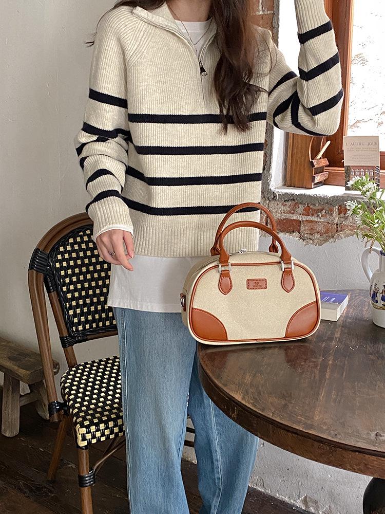 Women's Versatile Color Block Striped Knit Sweater - 2024 Autumn/Winter Half-High Collar Zipper Lapel