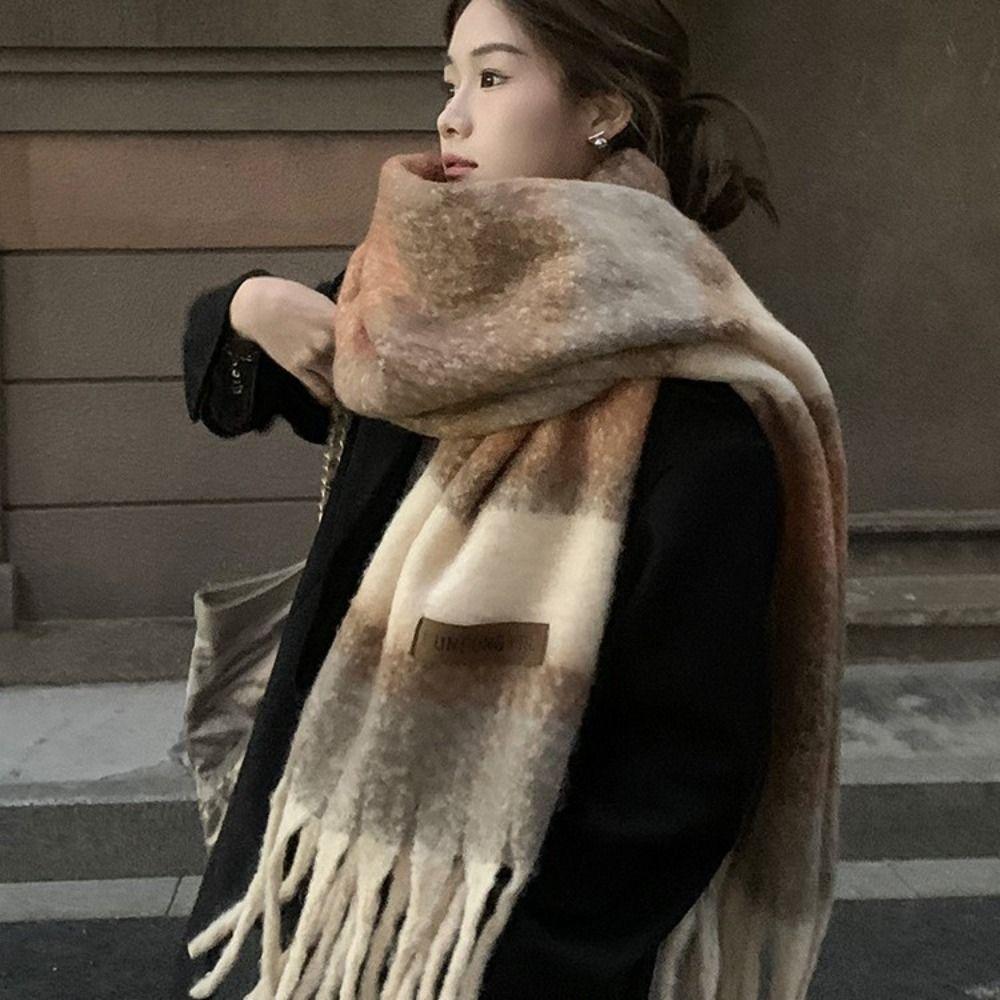Korean Style Women's Cashmere Shawl Thickened Winter Scarves Fashion Knitted Stripe Scarf  Girls