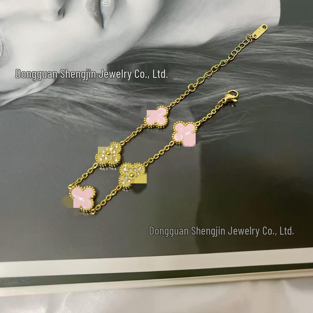 18k Gold 13mm Clover & Diamond Five-Flower Bracelet - Women's Simple, Versatile, Non-Fading Fashion Accessory