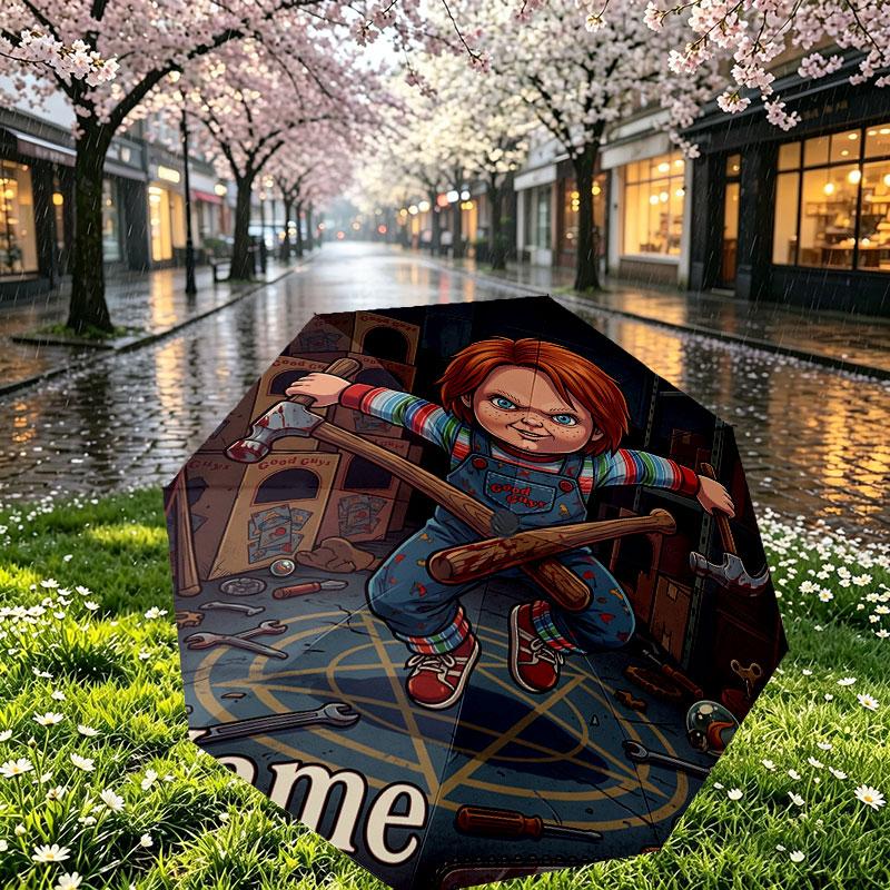 Custom Name Personalized Horror Theme Chucky Print Umbrella, Auto Open Close, 8‑Rib Sturdy Frame, Commute Camping Hiking Use, Birthday Gift