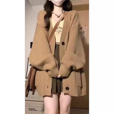 Women's Thickened V-neck Knitted Cardigan - Loose, Soft, Long Sleeve Casual Mid-length Sweater Coat