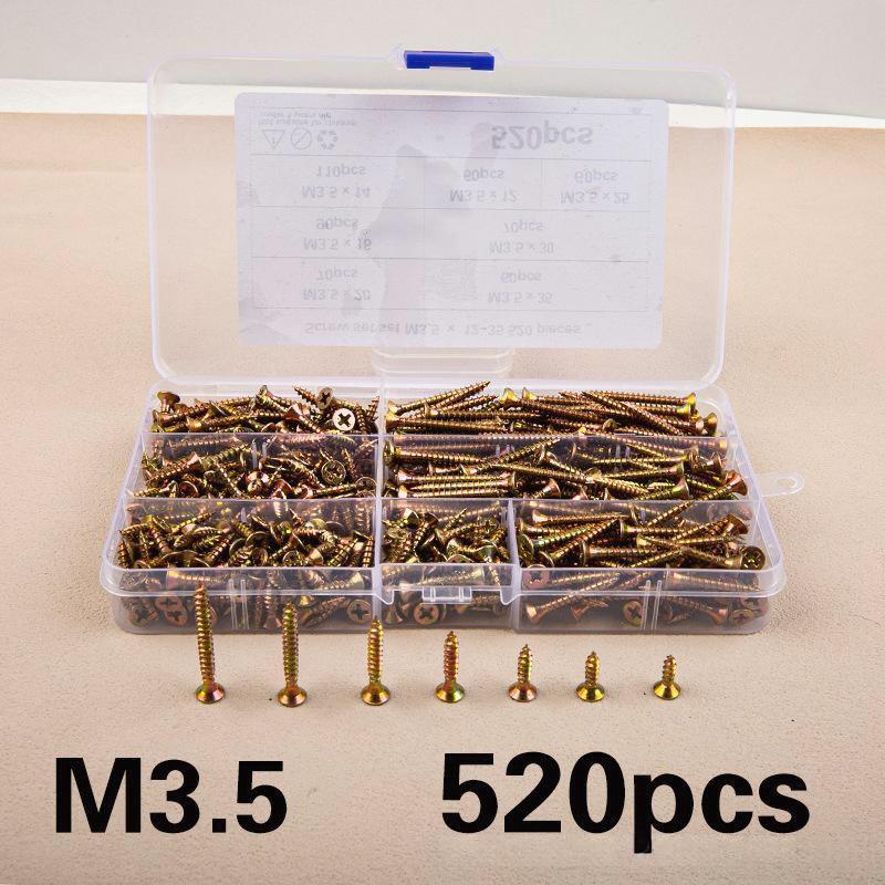 520Pcs M3.5 Countersunk Head Self-Tapping Screws Kit Color Galvanized Screw Set For Woodworking Industrial Home Decoration