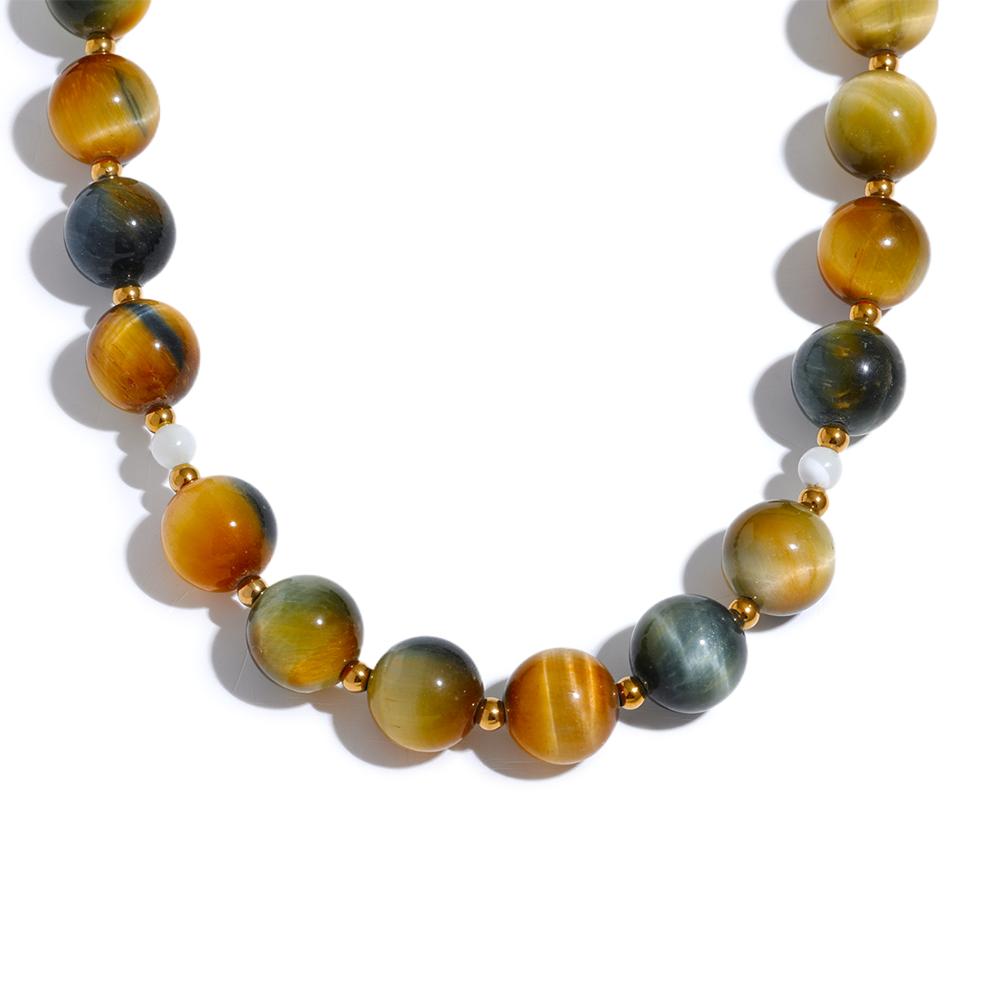 

Yhpup Maillard Natural Stone Tiger Round Beads Chain Collar Necklace Stainless Steel Handmade Jewelry Waterproof for Women Gift