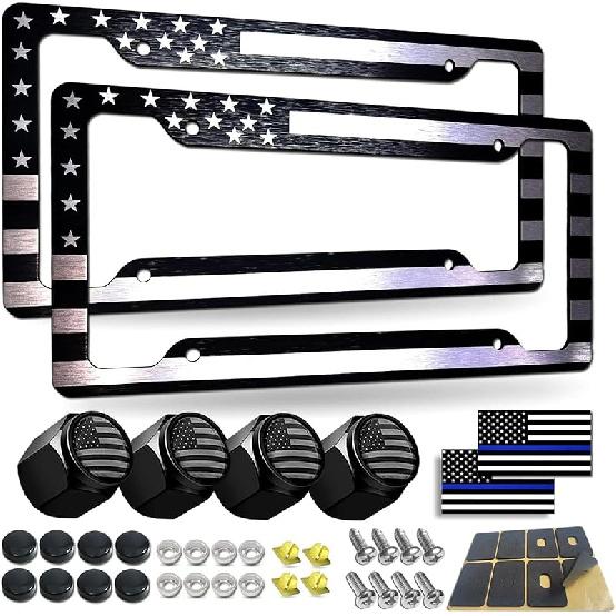BGGTMO Mounta License Plate Frame- Black Aluminum Car Tag Cover Holder With Stainless Steel Screws Caps, Snow Mountain Tree Decal Sticker, 1 Pack 2