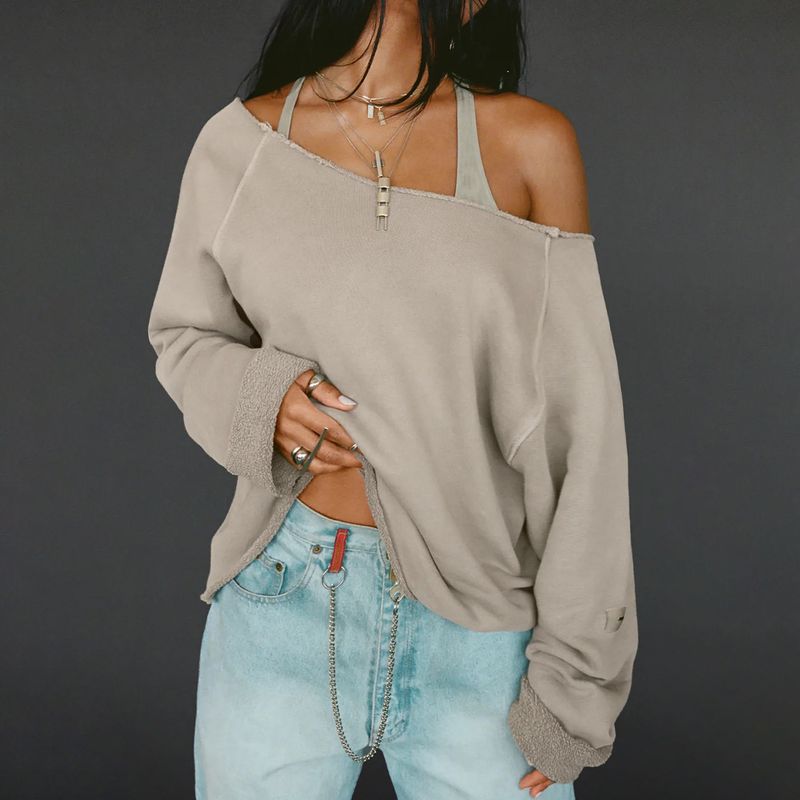 

and American Women s Clothing Minimalist Ins Style Basic Pure Color Oblique Shoulder Long Sleeves Sweatshirt Female Easiest for Match Casual Pullover Khaki L