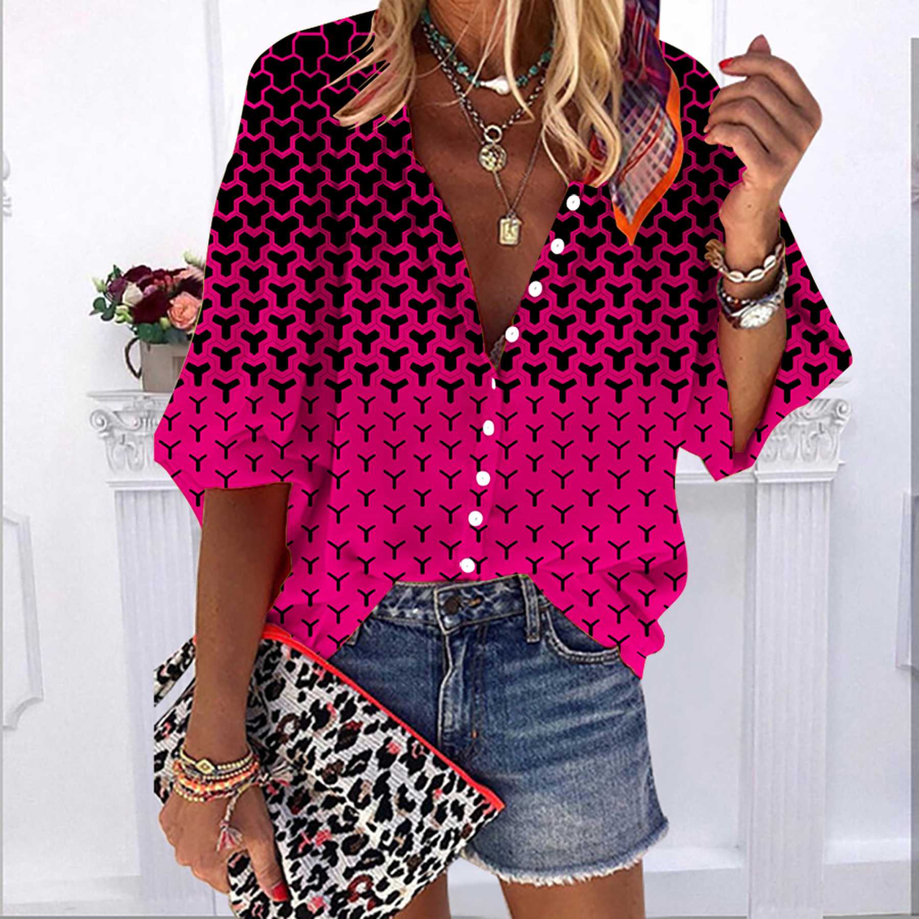 

2023 лето осень новые модные женские топы синие Y с принтом до половины рукава повседневная рубашка больших размеров на пуговицах с объемными рукавами XL розовый