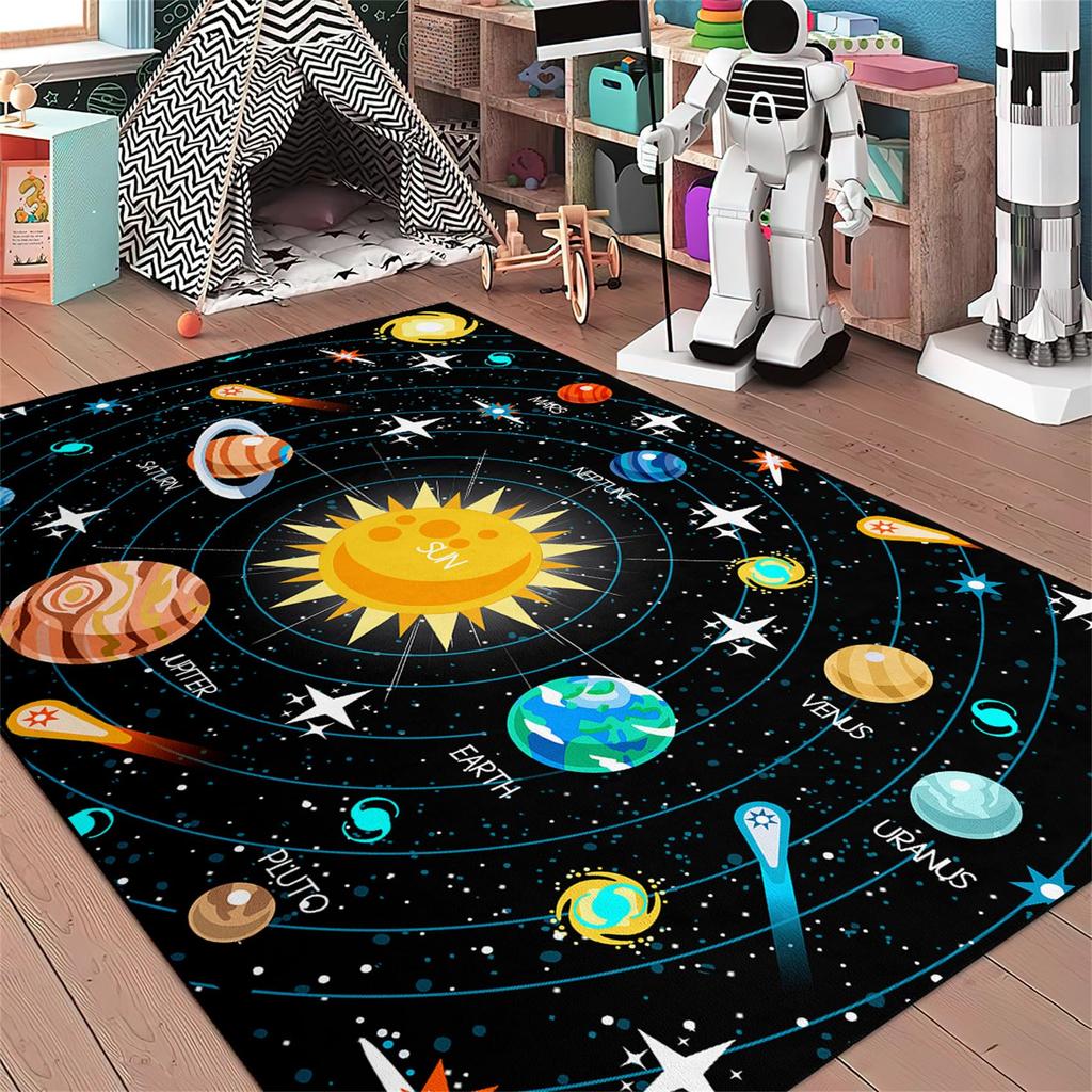 VIKAMA Solar System Planets Theme Rug Bedroom Educational Learning Mat Soft Non-Slip Indoor Area Children's Rug Home Decor