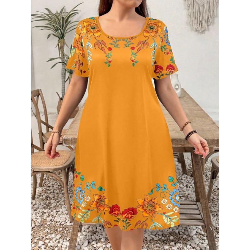 Women's Printed Round Neck Short Sleeved A-line Mini Dress, Summer Bohemian Style Dress