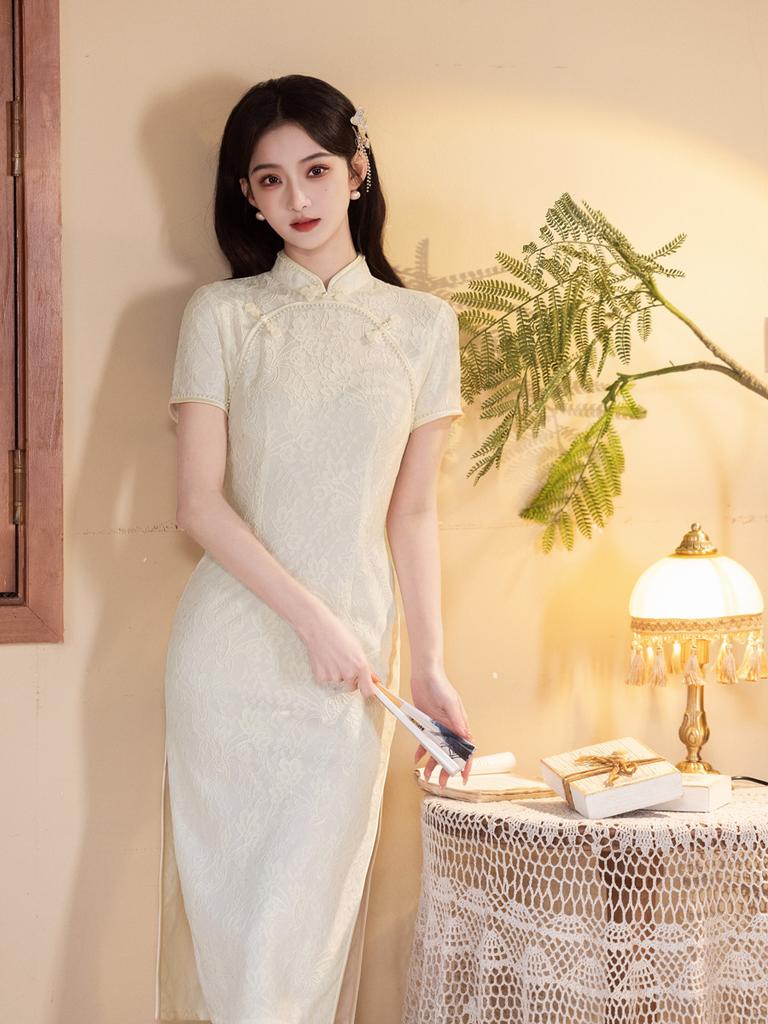 1011 Spring and Summer French Long Cheongsam Young Girl Improved Retro Celebrity Temperament Daily Lace Dress