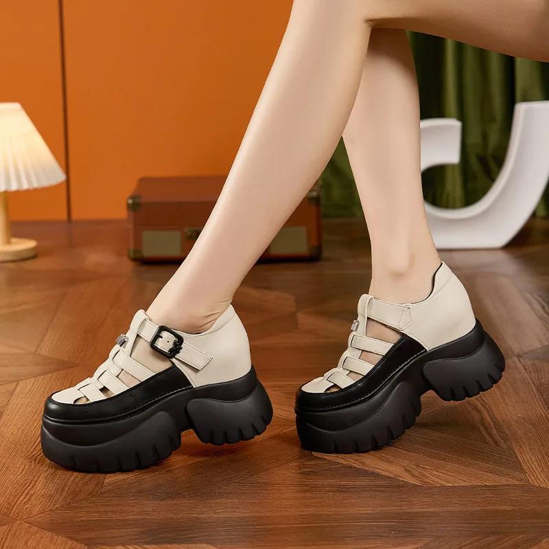 Fashion 9CM Weave Synthetic Microfiber Leather Pumps Platform Wedge Hook Summer Women Hollow Sandals Flats Women Slippers Fashion Shoes