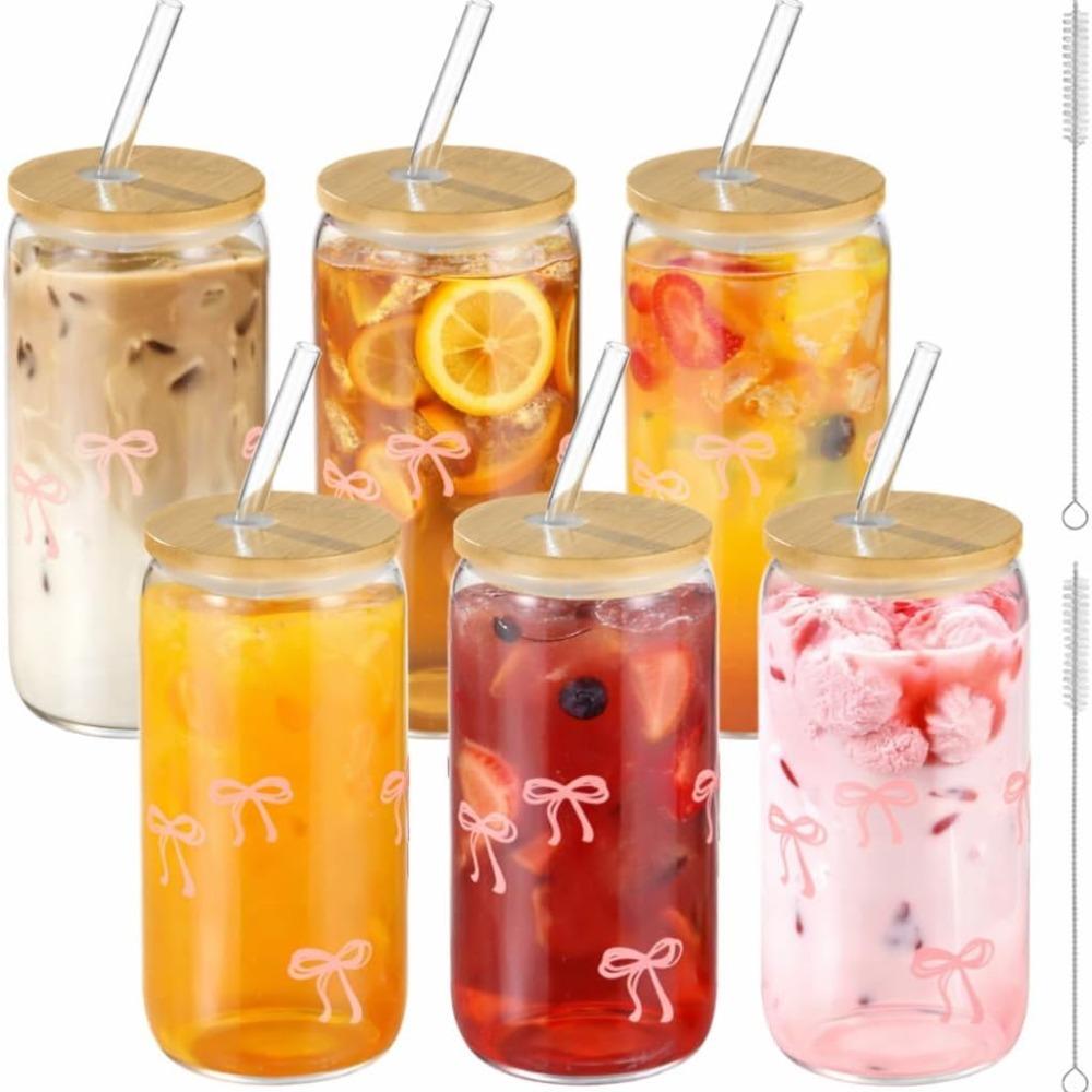 4pcs Bow Glass Cups with Lids and Straws 16oz Can Shaped Drinking Glasses Set Iced Coffee Cup Beer Glasses Tumbler