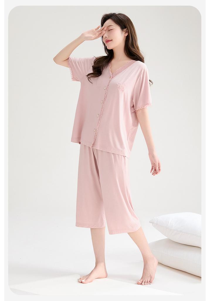 Fenteng [Soft Blended] Summer New Lace V-neck High End Short Sleeve Seven Leg Pants Home Clothes Set Women's Pajamas