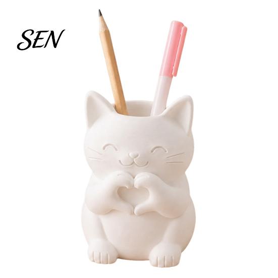 Small Animal Figurine 3D Printed Cute Cat Pen Holder, Decorative Desktop Stationery Organizer for Pencils and Office Supplies Makeup Brushes,