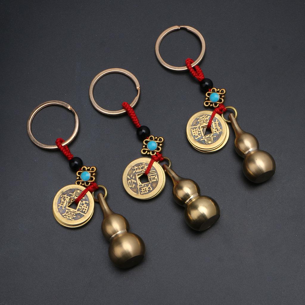 Exquisite Wu Lou Keyring Lucky Gourd Keychain with Feng Shui Coin Car for Key Ri