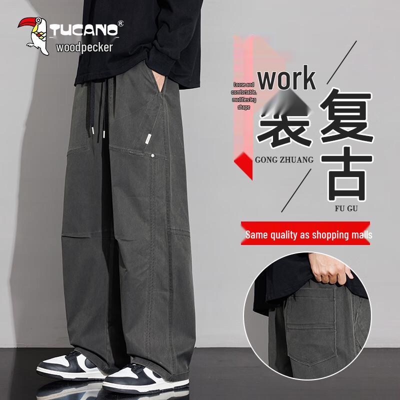 TUCANO Men's Retro Thickened Spliced Curved Cut Cargo Pants