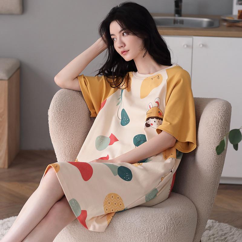 Women's Summer Short Sleeve Sleep Dress - Plus Size, Medium Length, Cute and Sweet