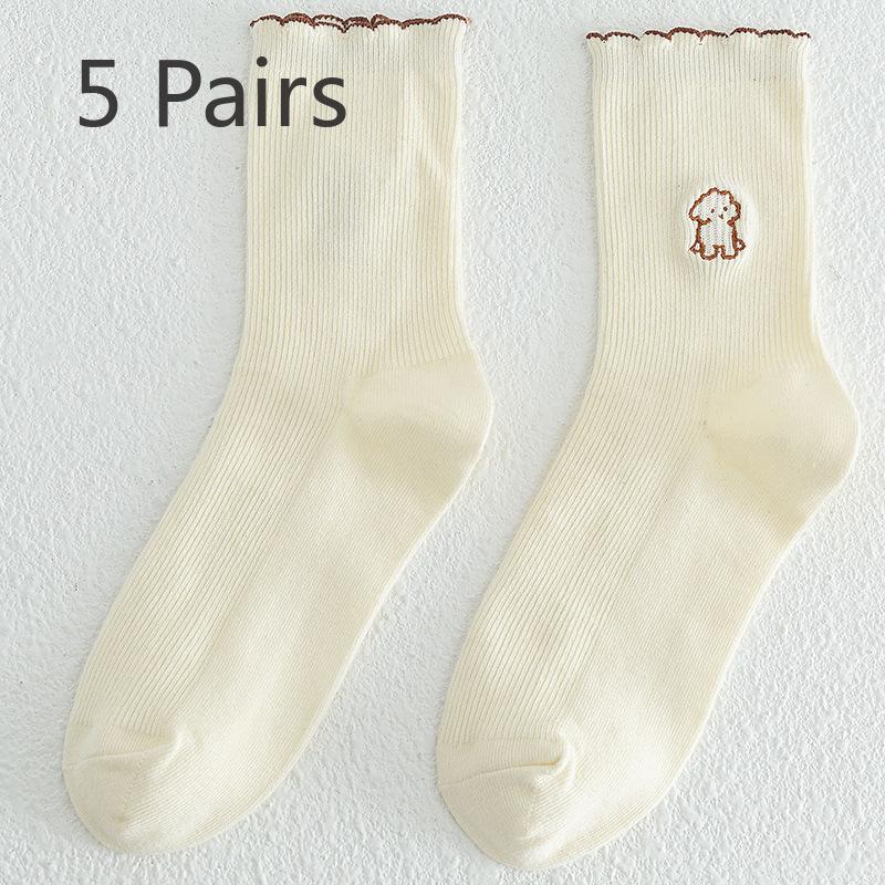 5 Pairs of Women's Autumn and Winter Lace Preppy Cute Cartoon Wooden Ear Edge Cotton Tube Pile Socks