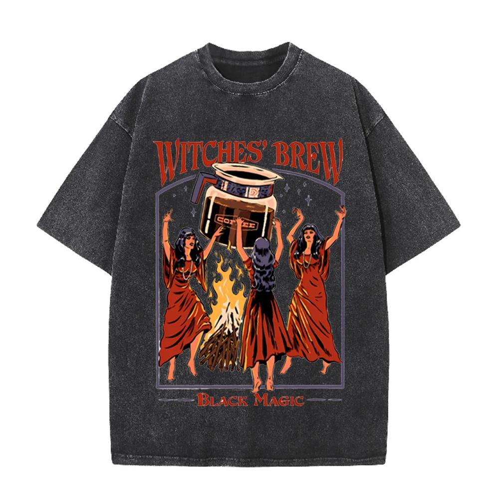 2026 Witches Brew Black Magic Vintage Halloween Graphic Washed T Shirt Retro Witch Coffee Print Oversized Casual Short Sleeve St