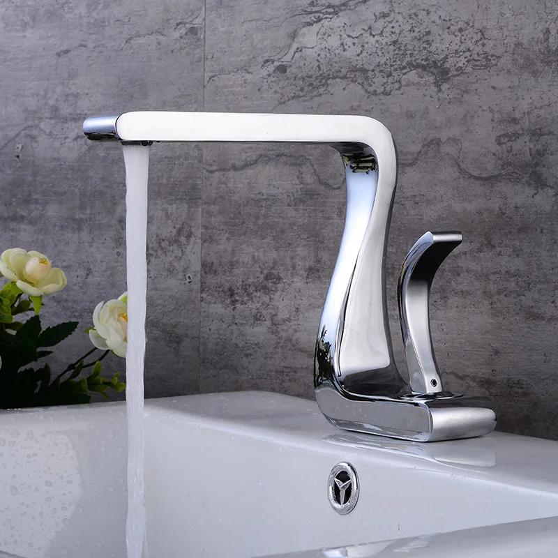 KEMAIDI White Gold Brass Bathroom Sink Faucet Single Handle Bathroom Faucets Hot Cold Mixer Tap Deck Mounted Z Shape Style