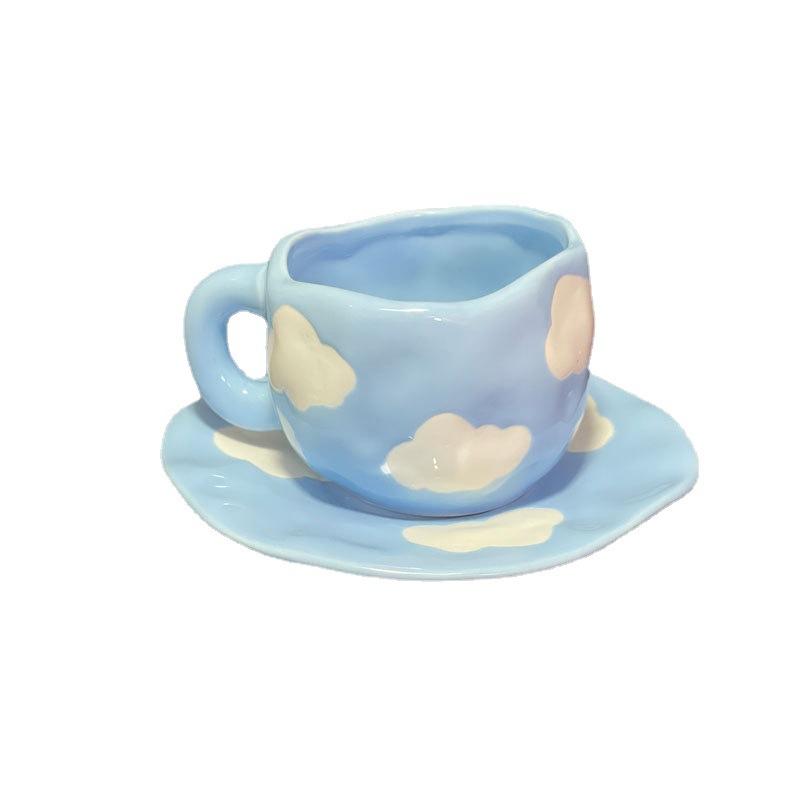 Japanese-Style Small Fresh Underglaze Hand-Painted Cloud Coffee Cup And Saucer High-Value Hand-Pinched Irregular Ceramic Cup And Saucer Set