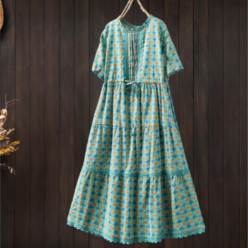 

Johnature Women Vintage Dresses Print Floral O-Neck Short Sleeve Patchwork Summer A-Line Female Dress One Size