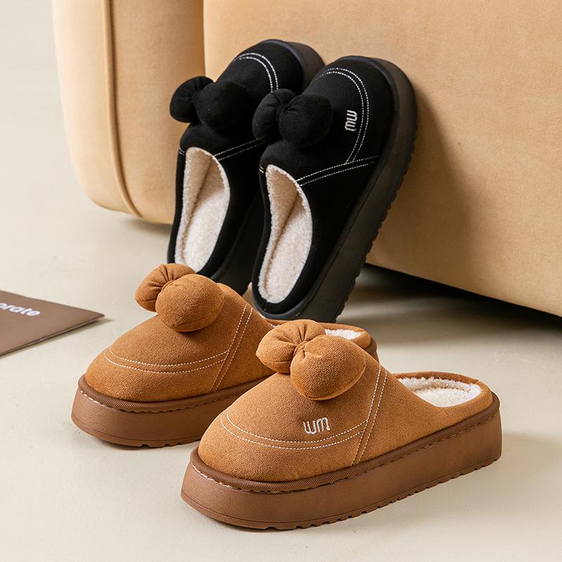 Bow Cotton Slippers Autumn and Winter Home Indoor Thickened Bottom Warm and Comfortable Plush Cotton Mop Non-slip