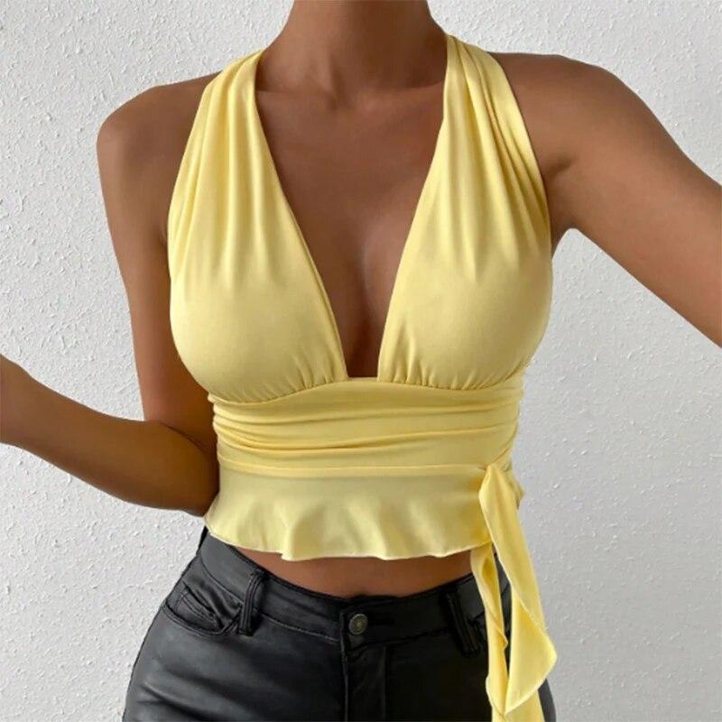 Women's Sexy Tight Fitting Deep V-neck Pleated Top Tight Fitting 2025 Spring Beach Resort Nightclub New Model Women's Sexy Tigh