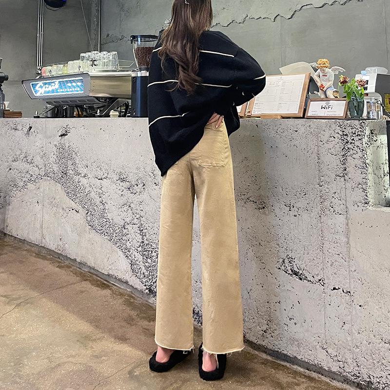 Women's High-Waisted Retro Khaki Cropped Wide-Leg Jeans with Raw Hem