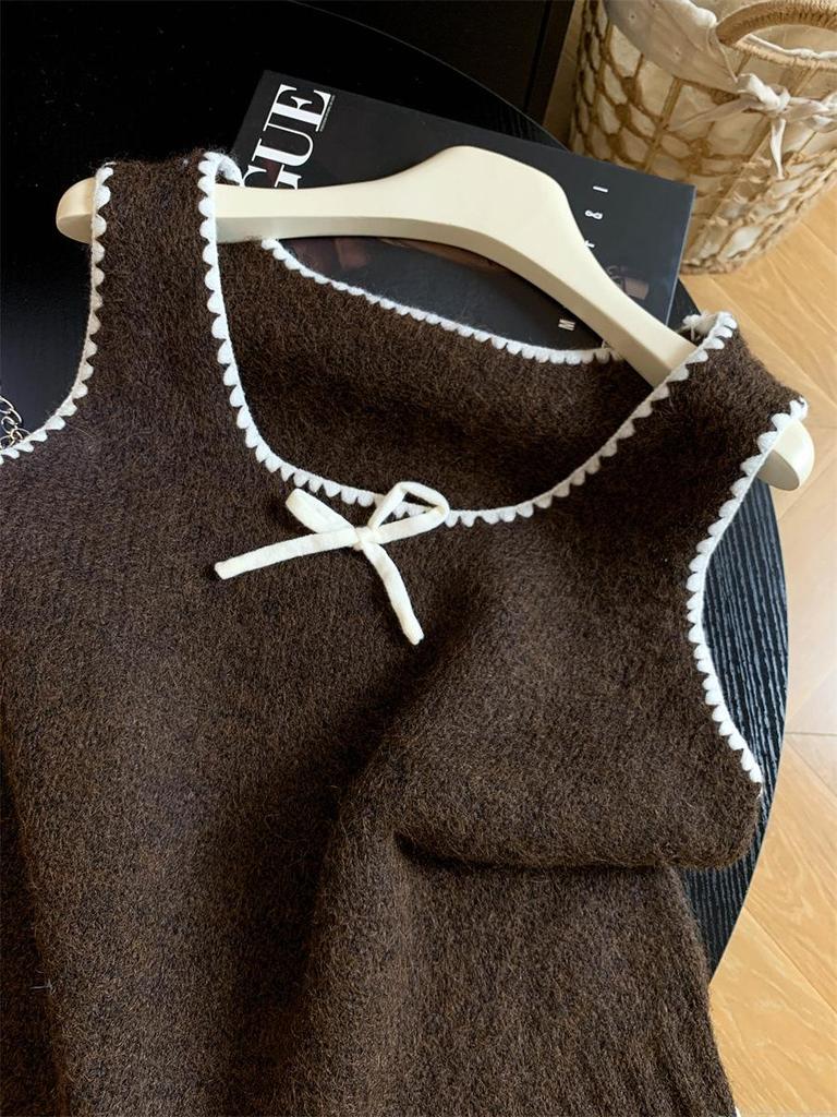 Women's French Color Block Bow Knit Vest - 2026 Autumn Sleeveless Layering Top