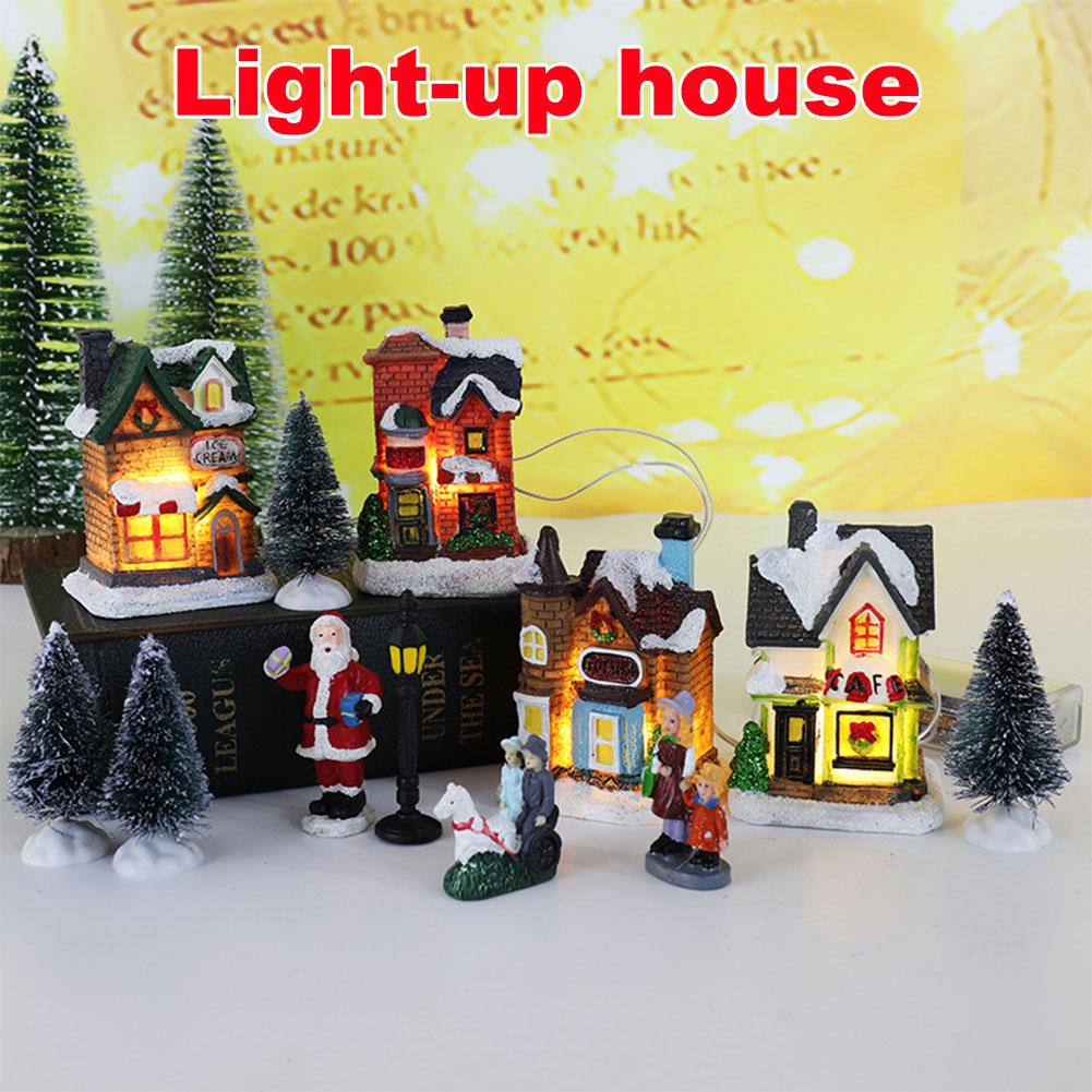 12 Pcs Mini Resin Christmas Village Houses Set with LED Lights for Festive Home Decor and Gift Giving