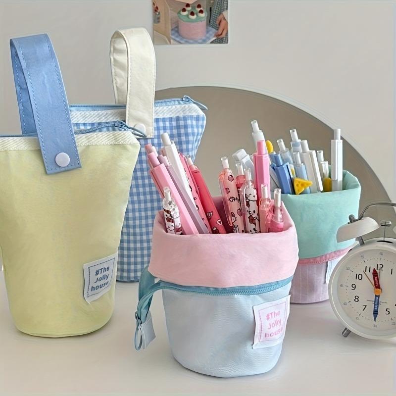 Macaron color block foldable pencil case, durable large capacity, portable for student and office use, great as gift.