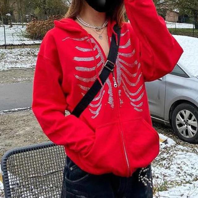 Autumn and Winter Zipper Gothic Black Hoodie Women's Rhinestone Skull Casual Oversized Sweater Punk Harajuku Longsleeved Jacket Women's Jacket Sweater