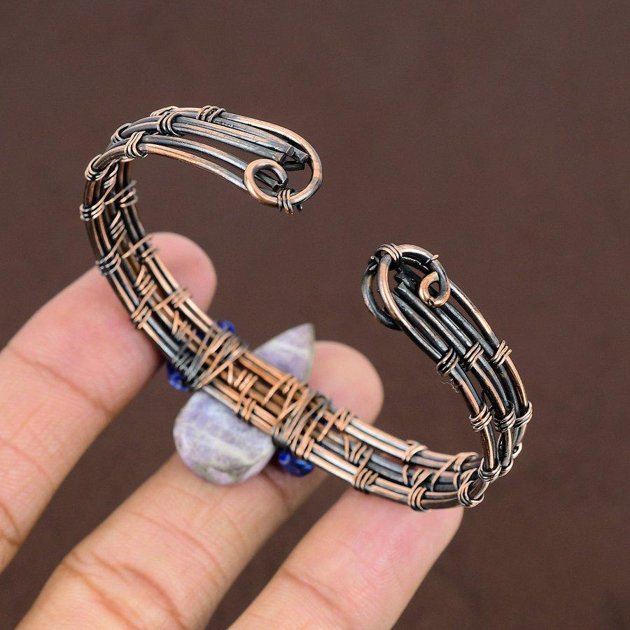 Natural Russian Charoite Gemstone Copper Wire Wrap Cuff Bangle Adjustable F8h66