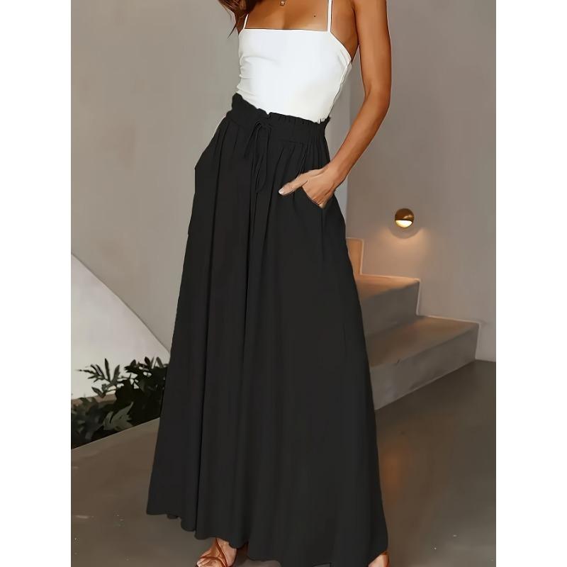 Women Spring Summer New High Waist Elastic Waistband Wide Leg Palazzo Pants Skirt Pants