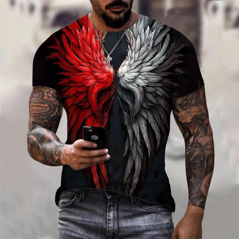 Summer Round Neck 3D Wing Pattern Print Top Fashionable Casual Short Sleeved Men's T-shirts