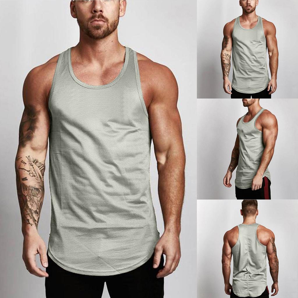 Pánské jednobarevné tílko bez rukávů s kulatým výstřihem a síťovinou, prodyšné vesty