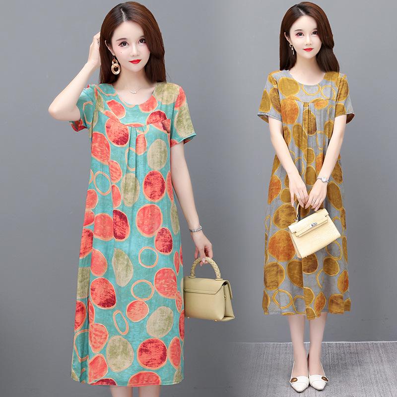 2023 Summer Floral Cotton & Rayon Dress - Stylish, Loose-Fitting, Short Sleeve for Middle-Aged & Elderly Women