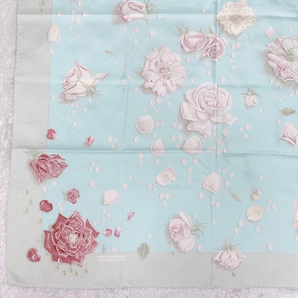 Used HERMES Hermes Carre 90 Rose de Roses Rose Drop Silk Scarf