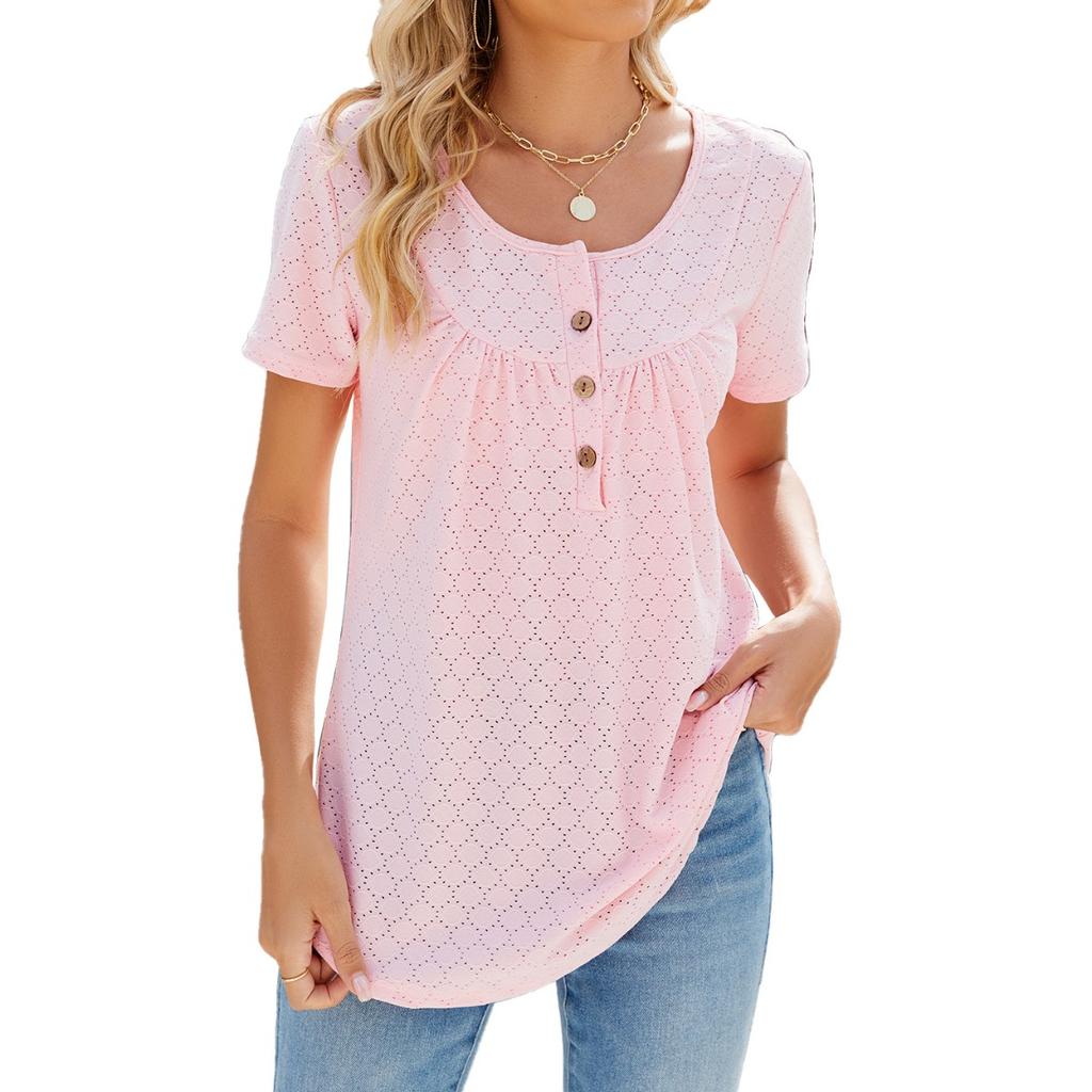 Summer New Solid Color Crew Neck Buttoned Loose Short Sleeve T-Shirt for European and American Cross-border Trade Amazon Independent Station