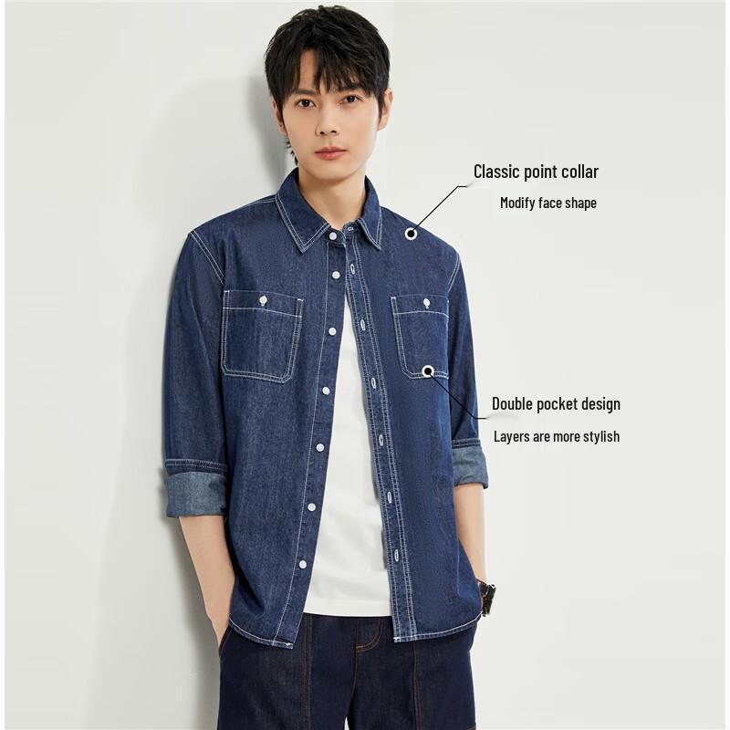 Giordano Men's Washed Double Pocket Long Sleeve Denim Shirt