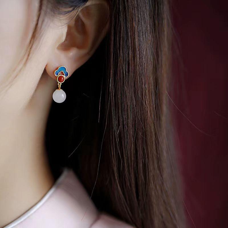 Retro Ethnic Style Court Exquisite Round Bead Pendant Earrings Trendy Niche Design Sense Advanced Sense Antique Earrings Earrings